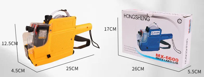 Manual supermarket price coding machine in blue, red, or yellow with paper rolls and 1ink roller.