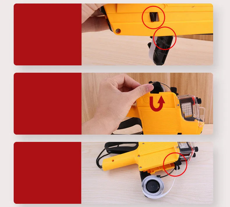 Manual supermarket price coding machine in blue, red, or yellow with paper rolls and 1ink roller.