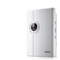 White compact household dehumidifier with electronic control panel and water tank.