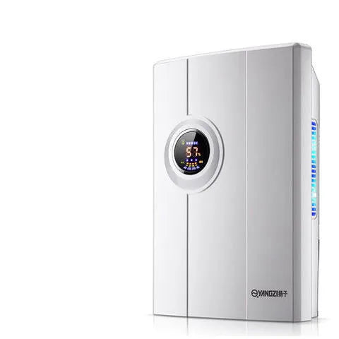 White compact household dehumidifier with electronic control panel and water tank.
