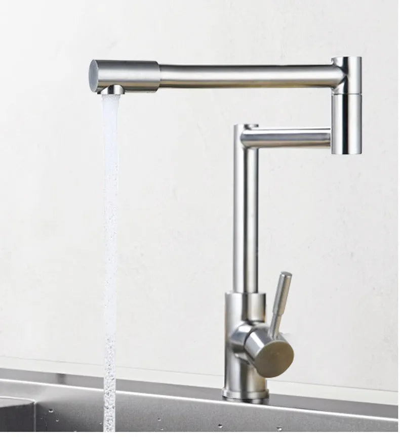 Silver stainless steel kitchen mixer tap with rotating spout and lifting handle