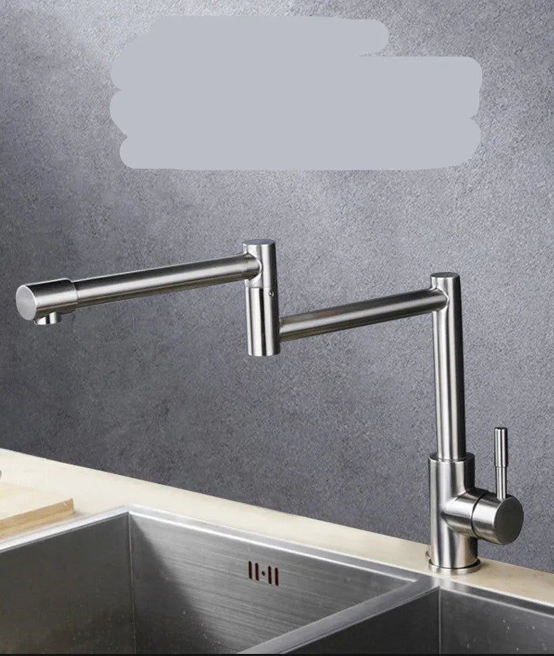 Silver stainless steel kitchen mixer tap with rotating spout and lifting handle