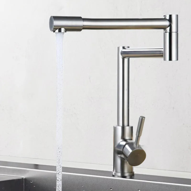 Silver stainless steel kitchen mixer tap with rotating spout and lifting handle