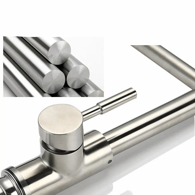 Silver stainless steel kitchen mixer tap with rotating spout and lifting handle