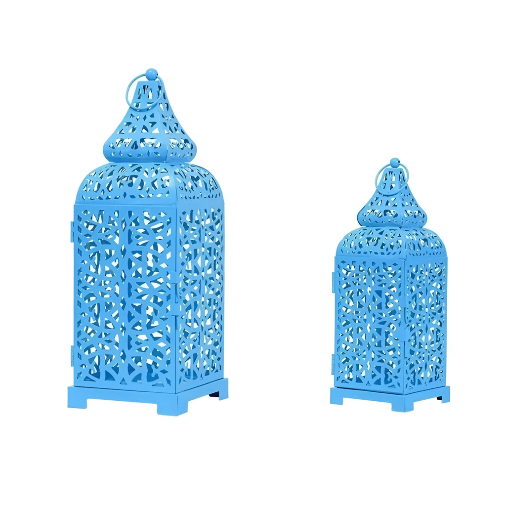 Blue Moroccan geometric iron candelabra with hollow retro design for candle display.