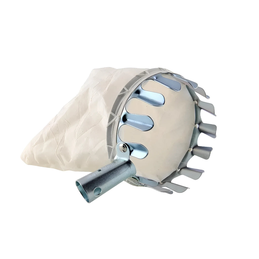 Steel frame fruit picker with cloth catcher bag for garden fruit harvesting