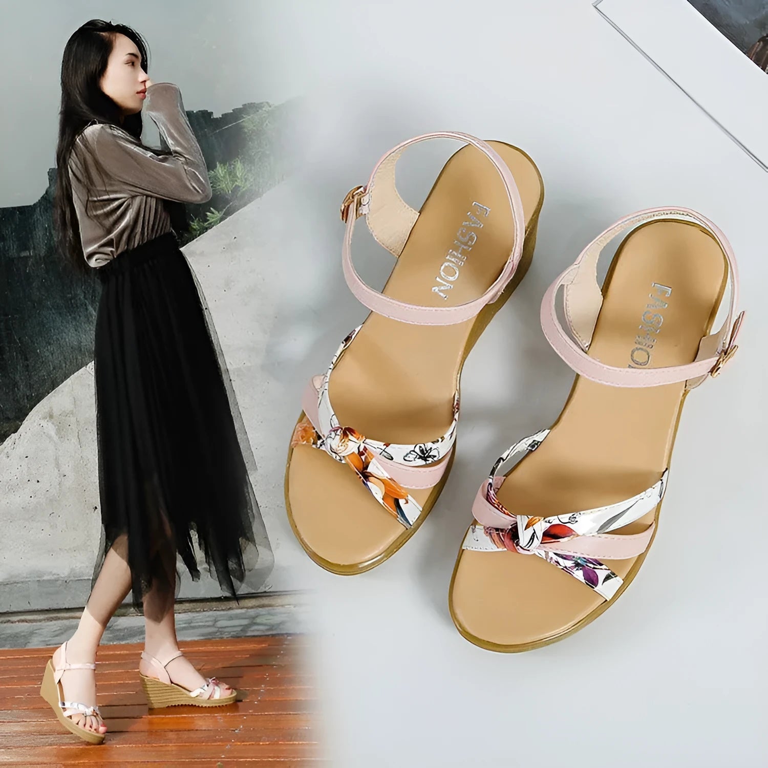 Women's pink PU wedge sandals with fish mouth design and buckle closure on a waterproof platform sole.