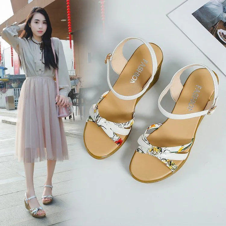 Women's pink PU wedge sandals with fish mouth design and buckle closure on a waterproof platform sole.