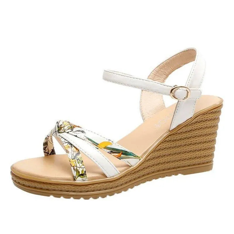 Women's pink PU wedge sandals with fish mouth design and buckle closure on a waterproof platform sole.