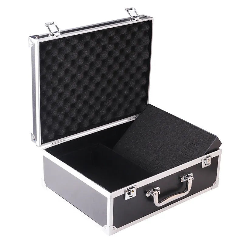 Black aluminium alloy tattoo equipment storage box with secure latch closed
