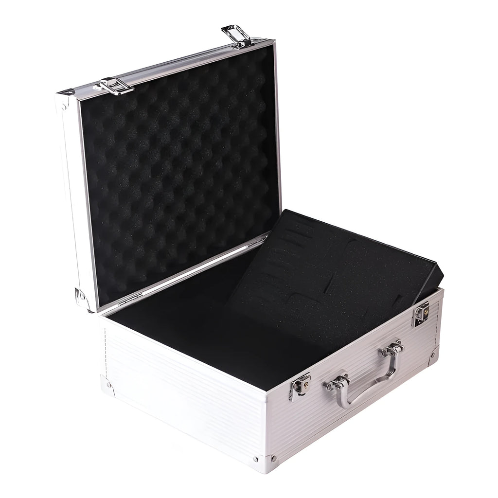 Black aluminium alloy tattoo equipment storage box with secure latch closed