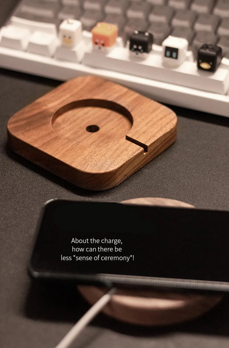 Walnut wood magnetic wireless charger bracket base for desktop with round section design