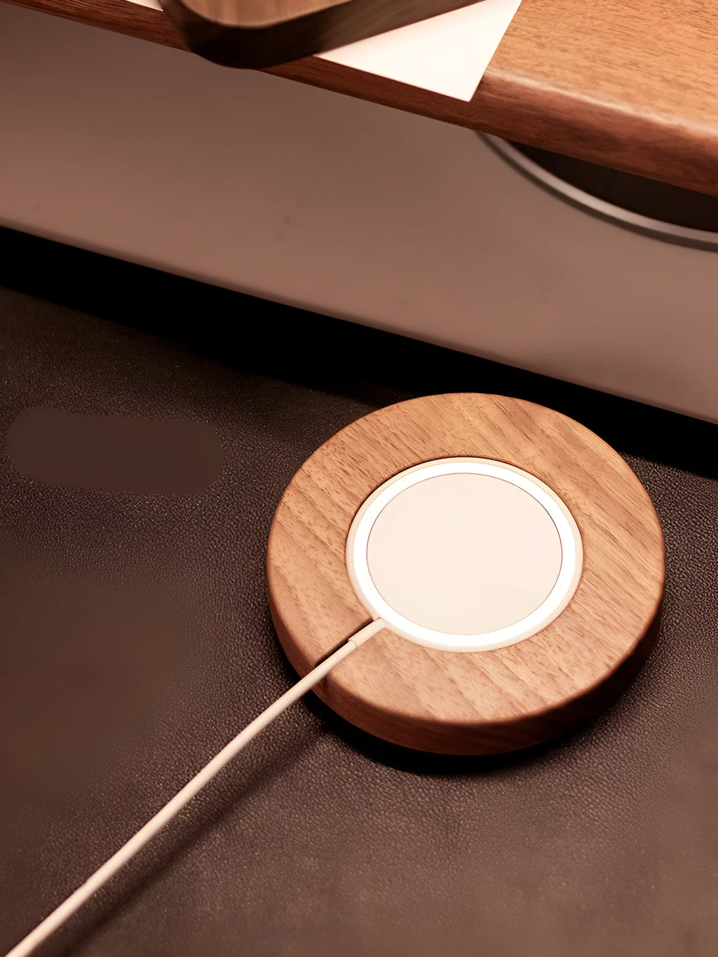Walnut wood magnetic wireless charger bracket base for desktop with round section design