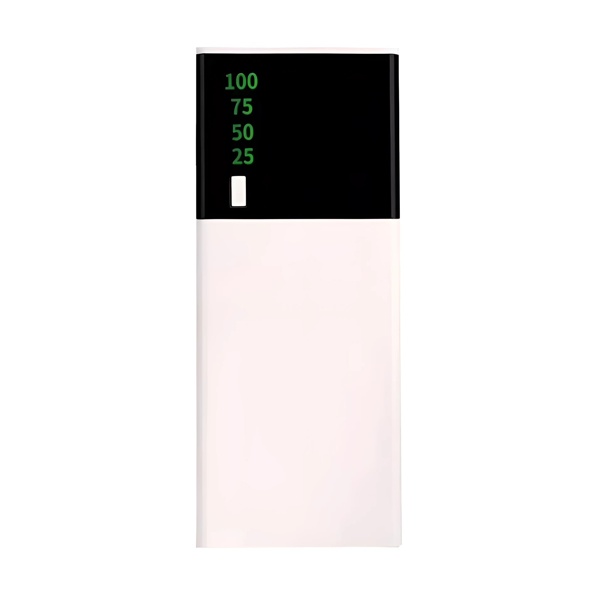 Black 20000mAh power bank measuring 135mm by 60mm with charging cable