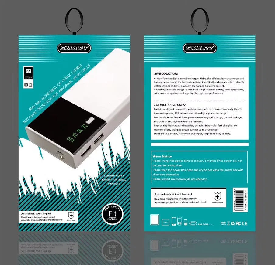 Black 20000mAh power bank measuring 135mm by 60mm with charging cable