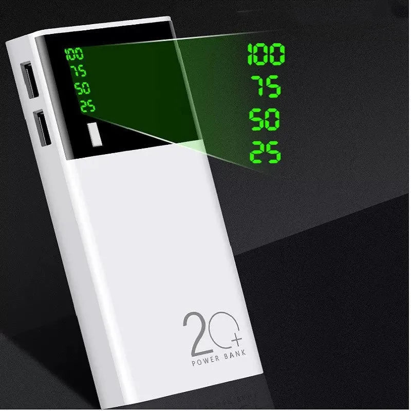 Black 20000mAh power bank measuring 135mm by 60mm with charging cable