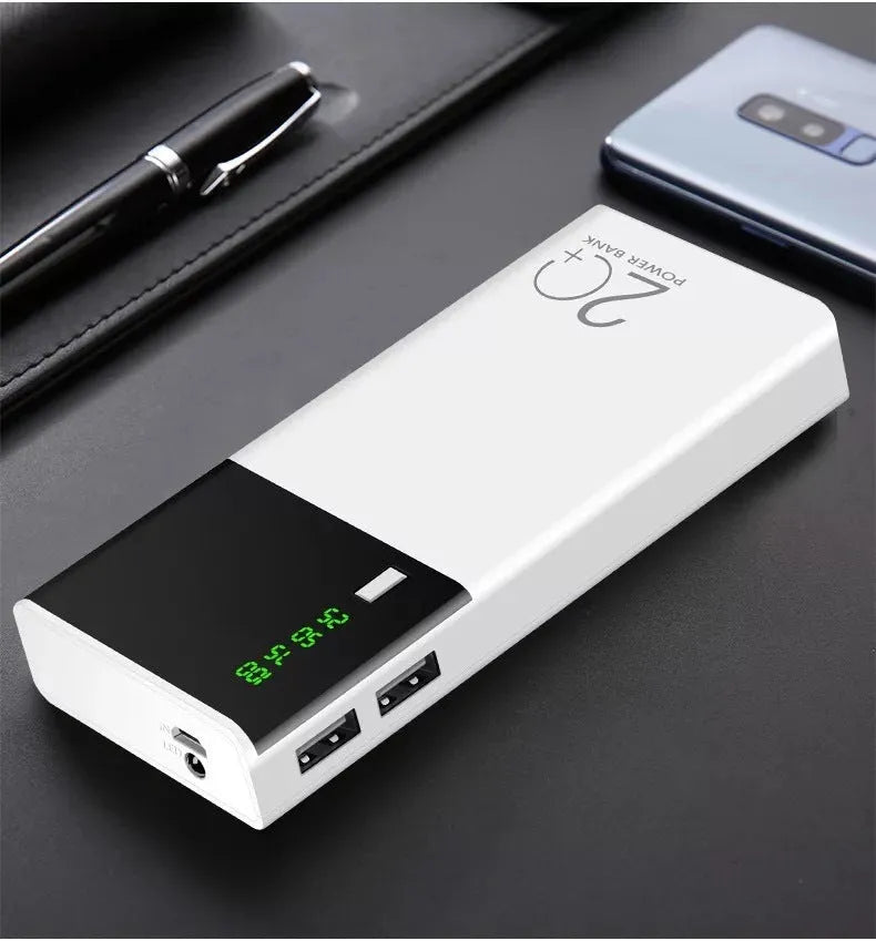 Black 20000mAh power bank measuring 135mm by 60mm with charging cable