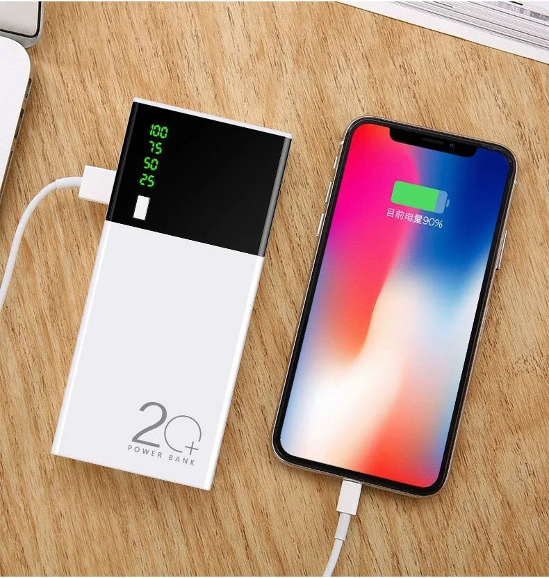 Black 20000mAh power bank measuring 135mm by 60mm with charging cable