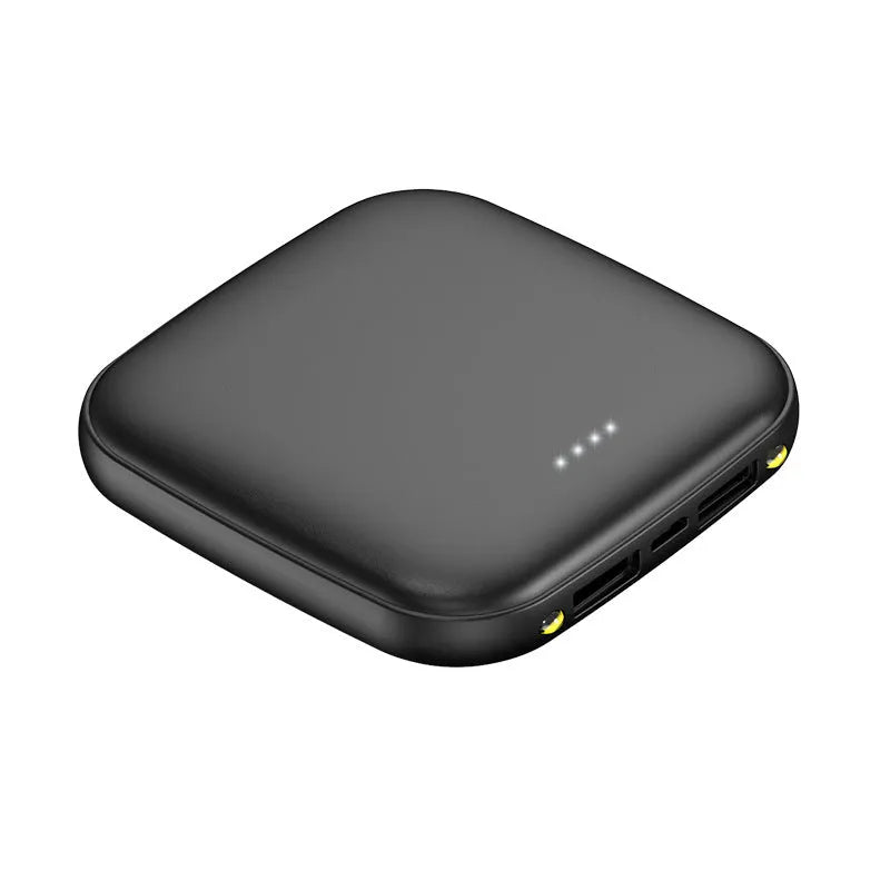 Square black mini power bank showing size scale with built-in LED flashlight and USB port