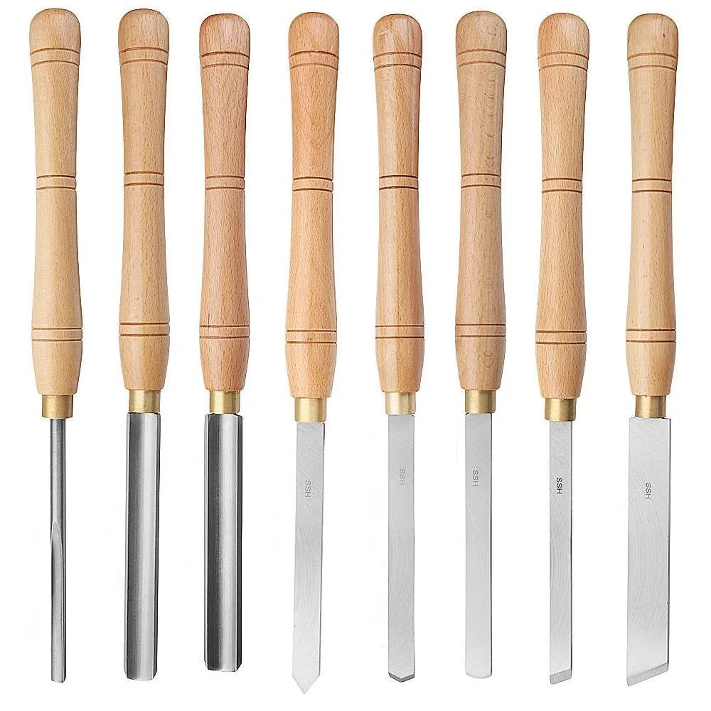 High-end 8-piece chrome vanadium steel woodturning tools in a wooden box.