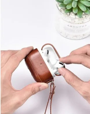 Black first layer cowhide AirPods Pro protective cover with anti-lost lanyard for 2nd and 3rd generation