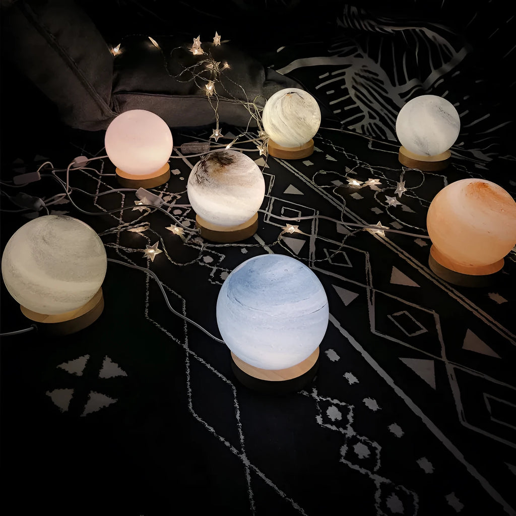 Nordic style bedside table lamp with glass shade in choice of seven colours, USB powered with button switch