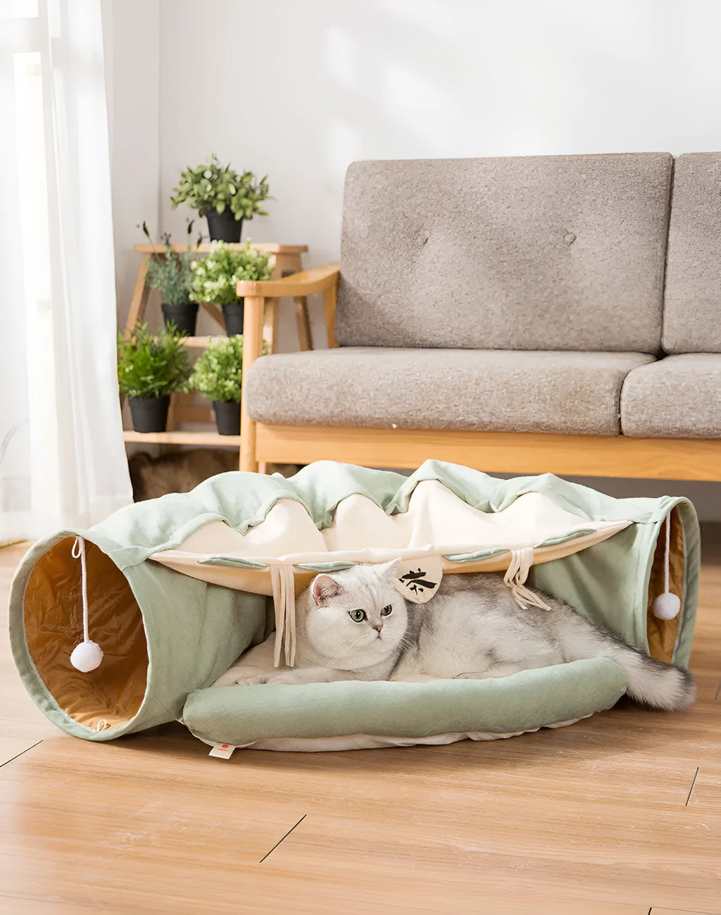 Collapsible cloth cat tunnel showing foldable design in Bar colour option