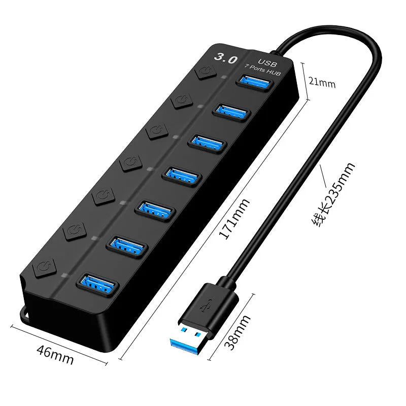 Black 7-port USB 3.0 hub with external power supply on desktop