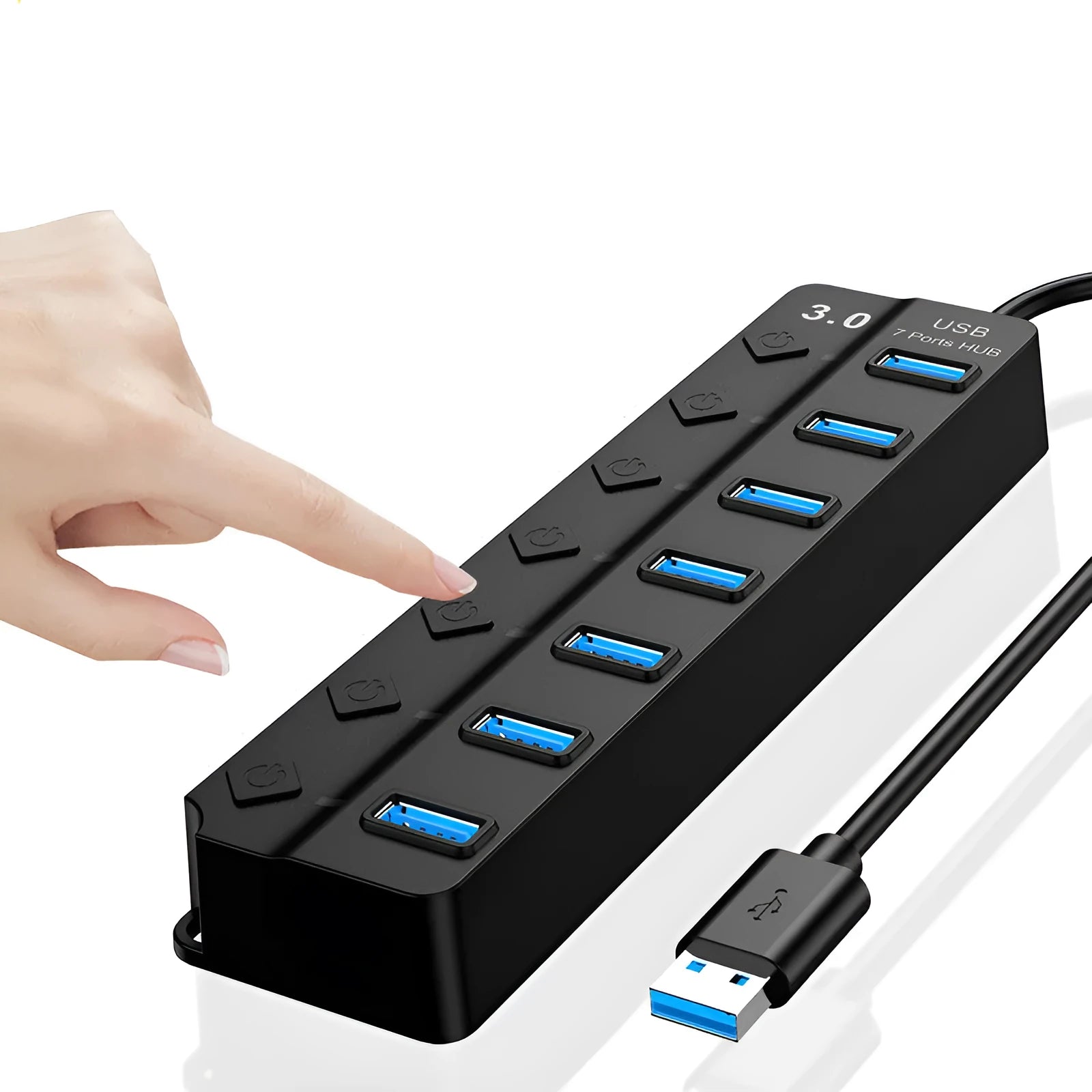 Black 7-port USB 3.0 hub with external power supply on desktop