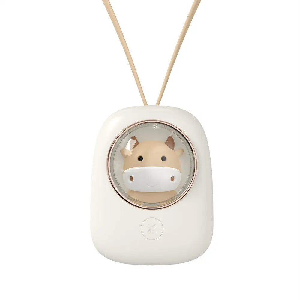 White hanging neck USB fan with 3 speed buttons shown in hand and around neck.