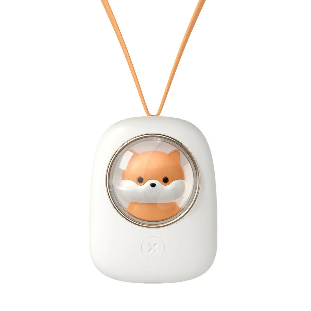 White hanging neck USB fan with 3 speed buttons shown in hand and around neck.