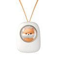 White hanging neck USB fan with 3 speed buttons shown in hand and around neck.