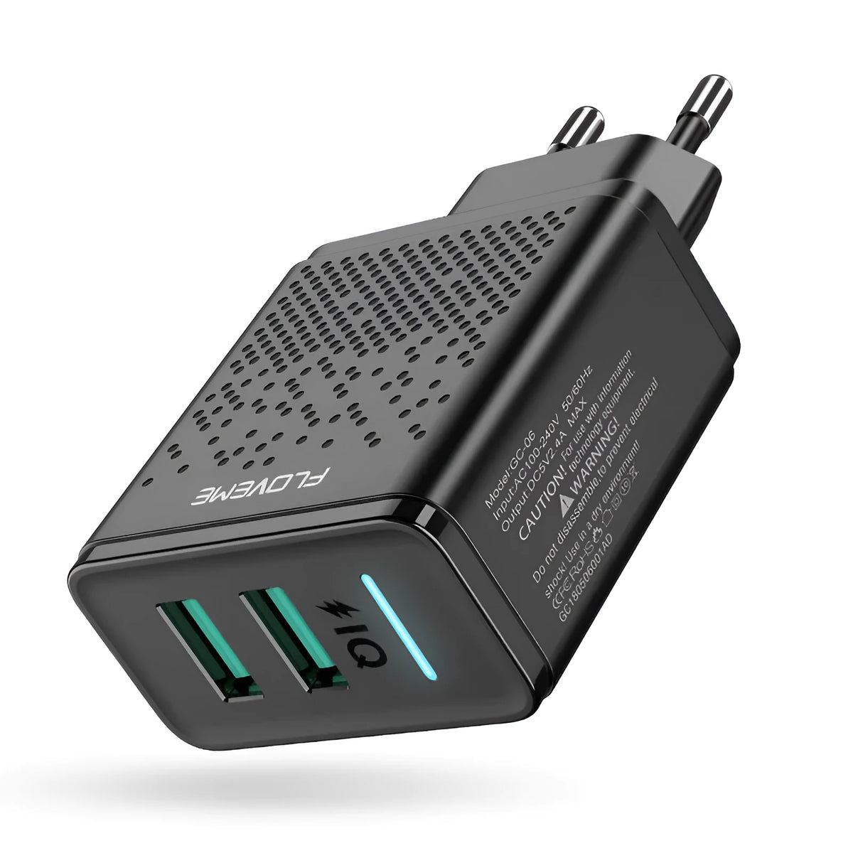 Black and white Fromi dual USB port charger with EU plug.