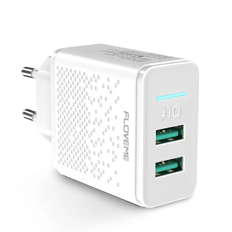 Black and white Fromi dual USB port charger with EU plug.