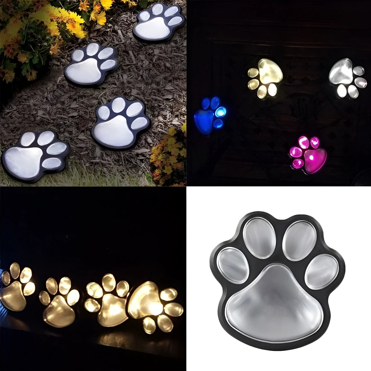 Black solar powered bear paw print garden lights with four paw shapes