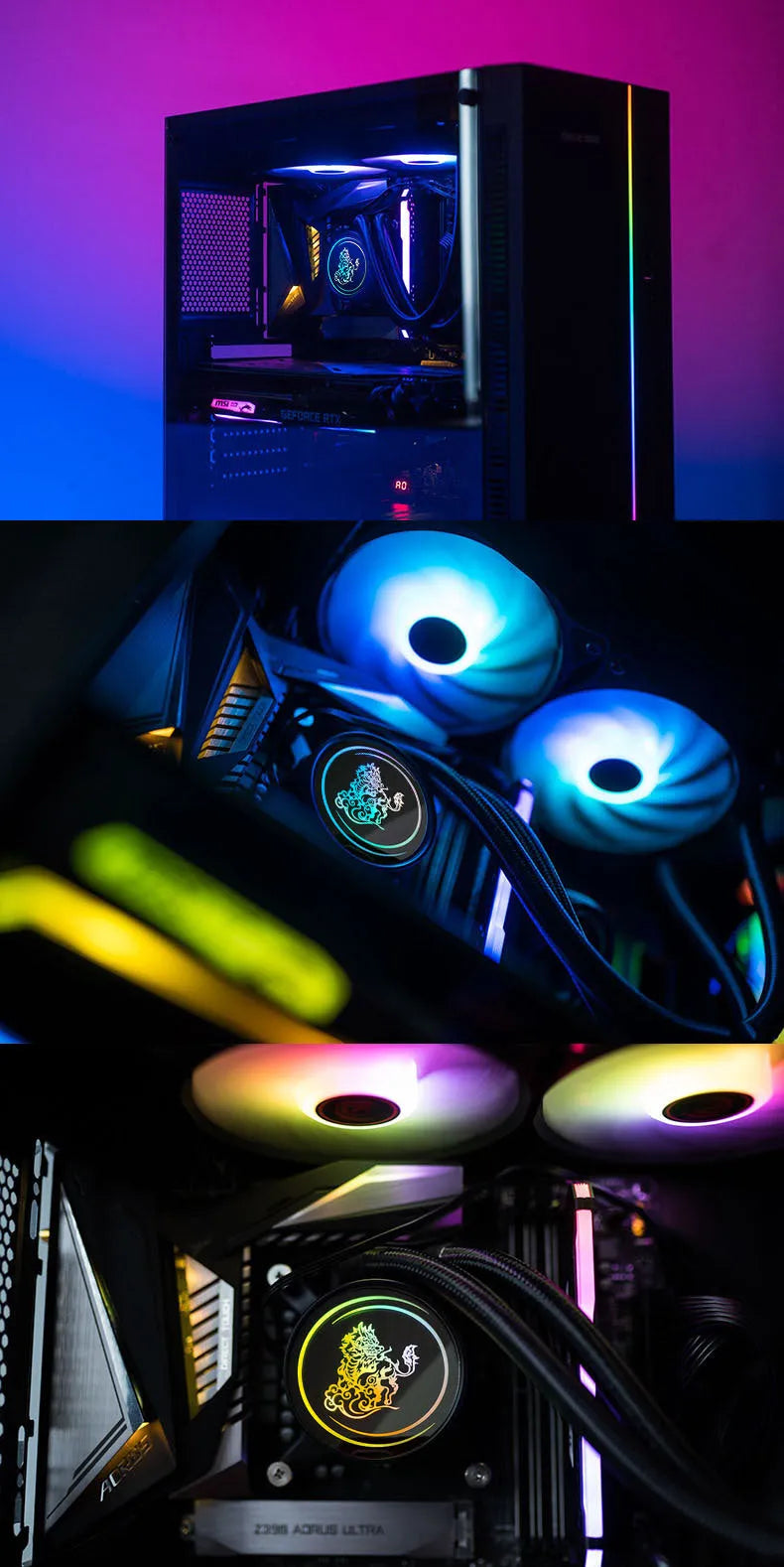 Kirin 240 CPU water cooling radiator with colourful ARGB lighting on 24 cm copper-aluminium radiator and fan