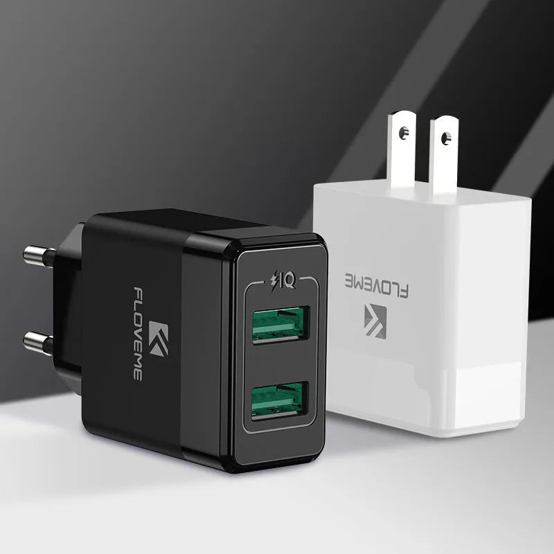 Travel charger with European and American plug compatibility for USB device charging
