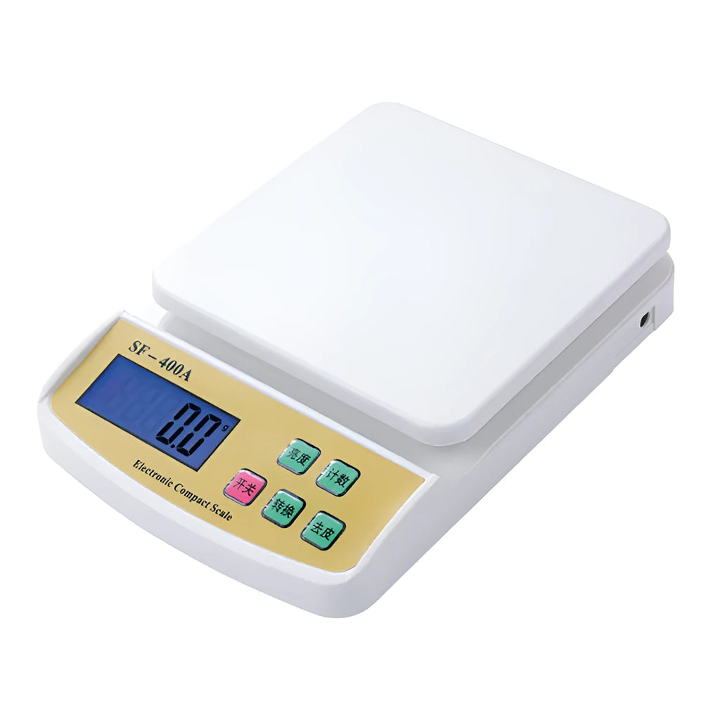 SF-400A black electronic kitchen scale on a countertop showing a 10kg weight reading