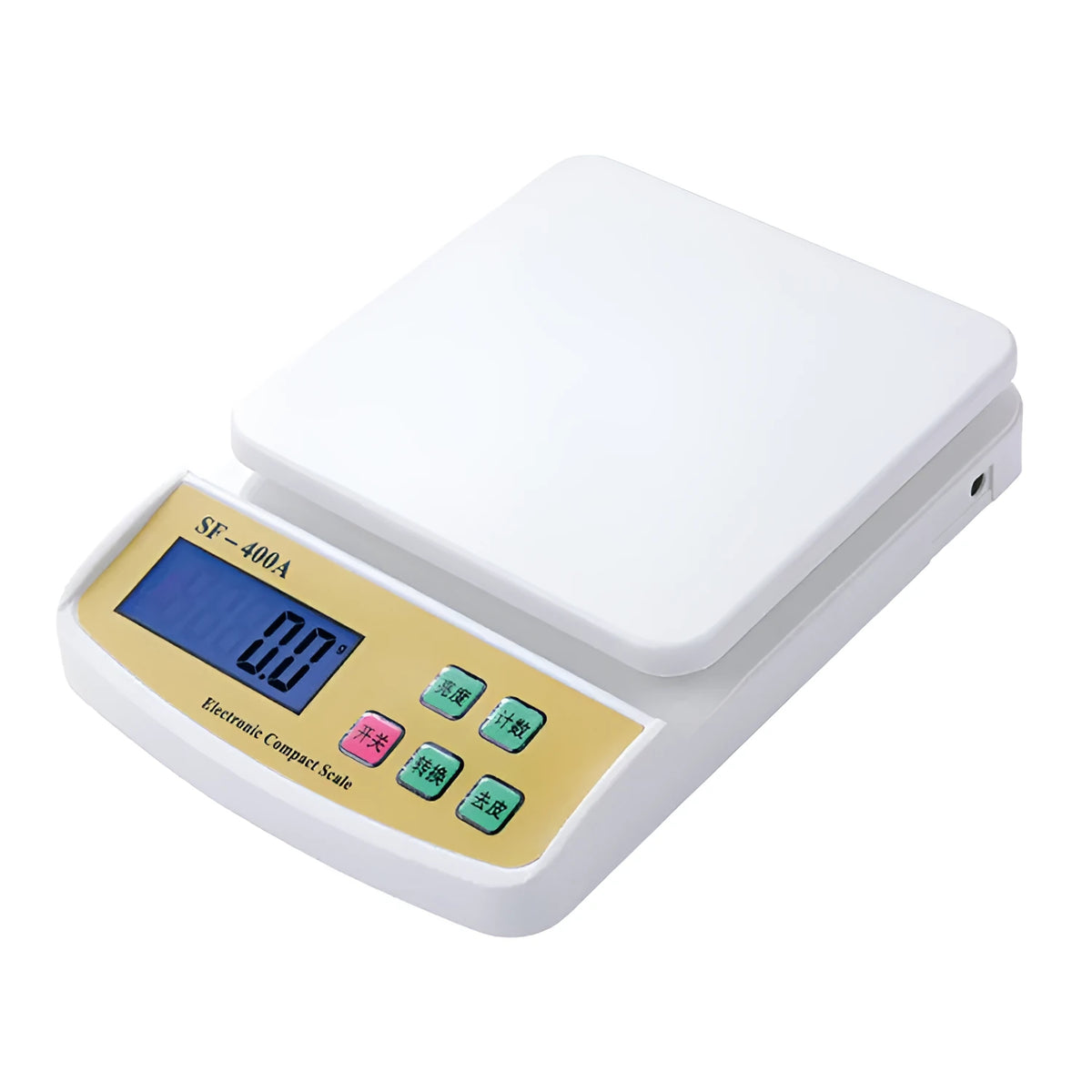 SF-400A black electronic kitchen scale on a countertop showing a 10kg weight reading