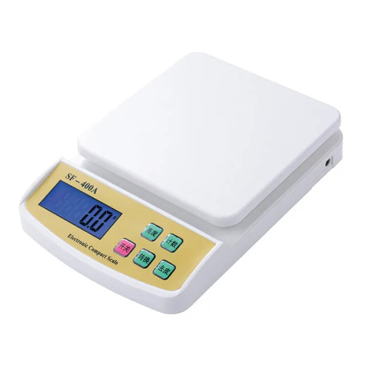 SF-400A black electronic kitchen scale on a countertop showing a 10kg weight reading