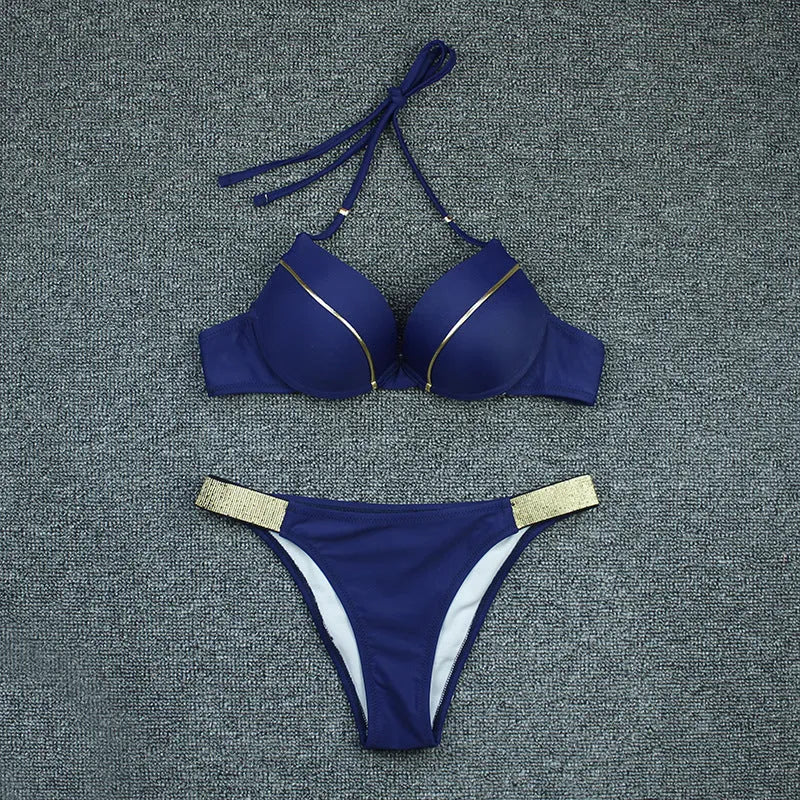 Bronzing fabric women's bikini swimsuit, split open-back design, solid colour nylon swimwear