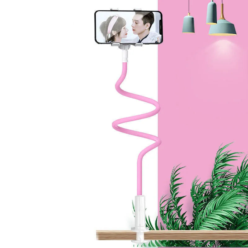 Blue mobile phone holder with memory alloy hose bent to adjustable angle for bedside mounting