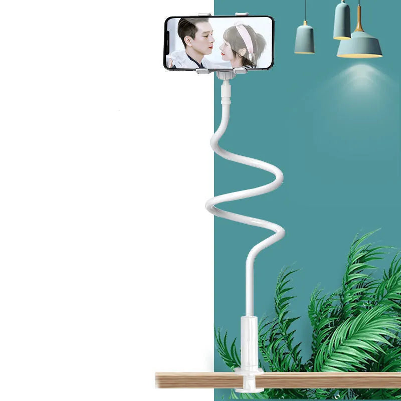 Blue mobile phone holder with memory alloy hose bent to adjustable angle for bedside mounting