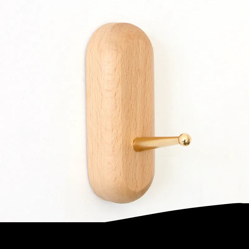 Beech wood adhesive wall hook with brass hardware in modern simple style