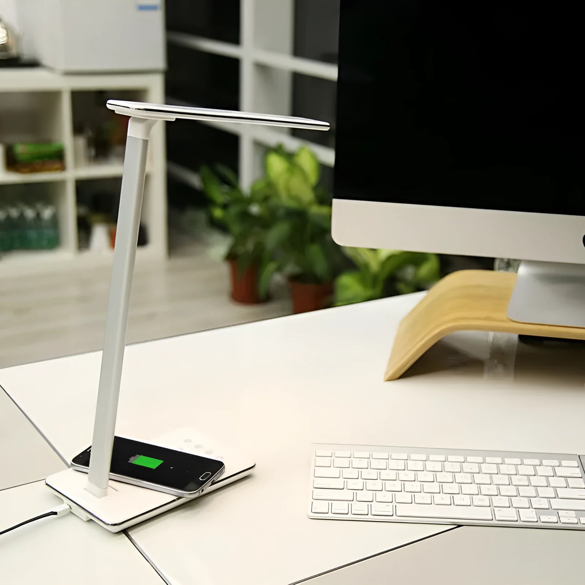 Black and white wireless charging desk lamp with touch control and LED light source