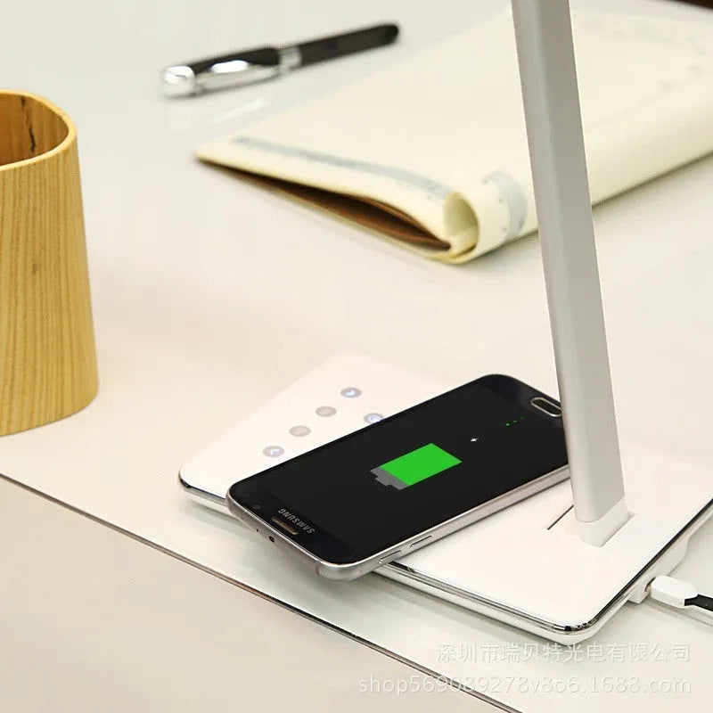 Black and white wireless charging desk lamp with touch control and LED light source