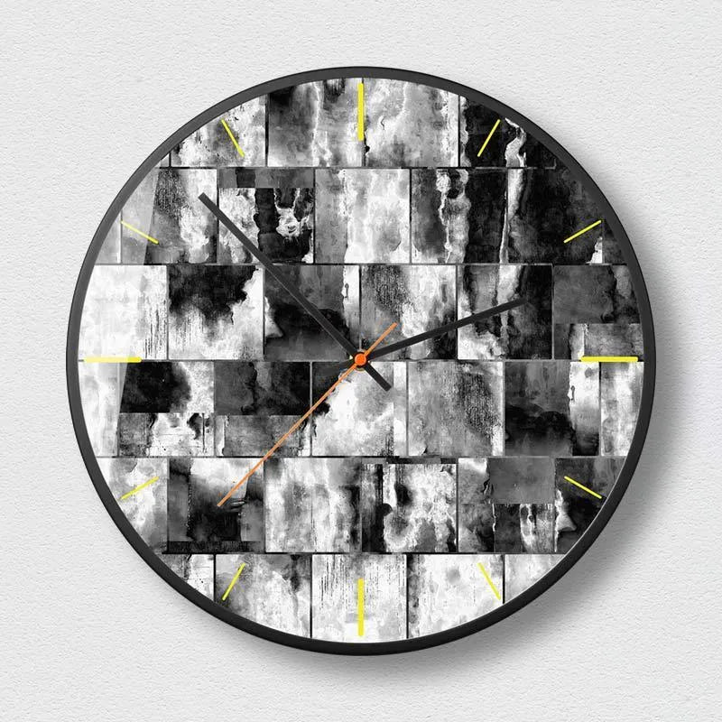 Abstract art wall clock with round metal case and sweeping second hand in Mysterious Black design