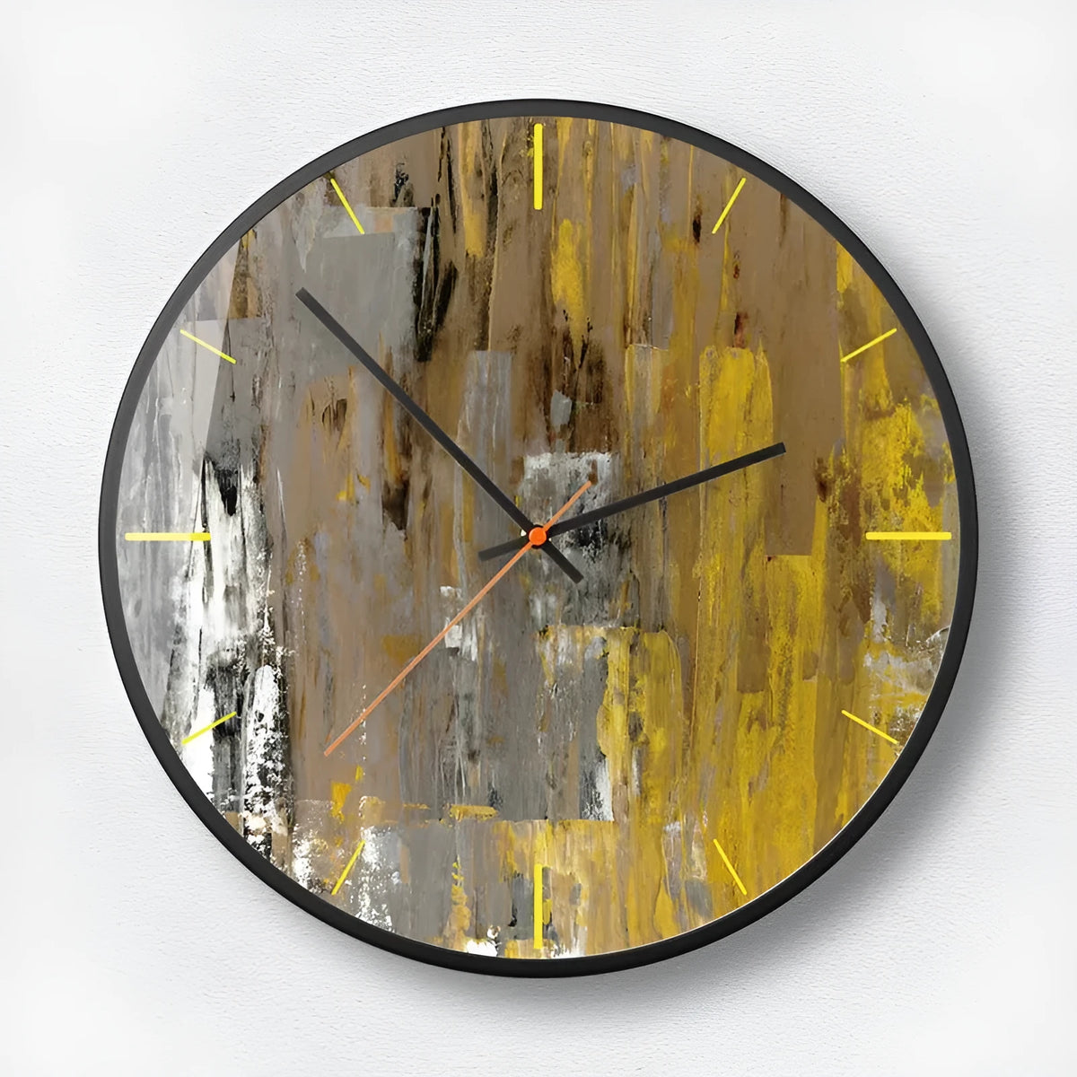Abstract art wall clock with round metal case and sweeping second hand in Mysterious Black design