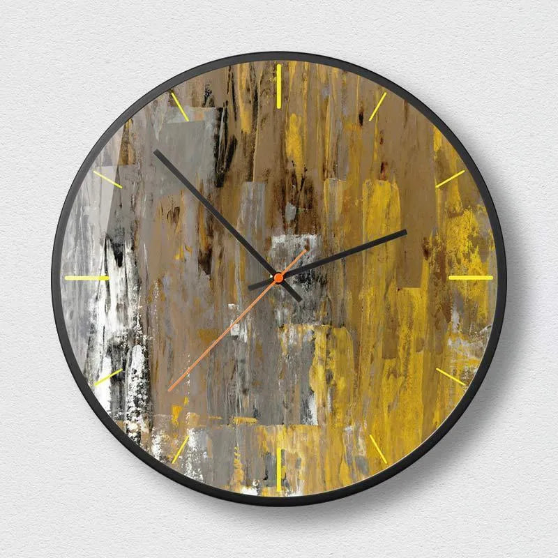 Abstract art wall clock with round metal case and sweeping second hand in Mysterious Black design