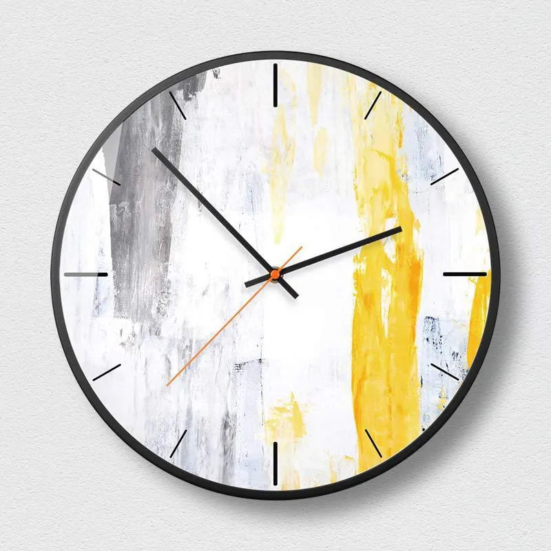 Abstract art wall clock with round metal case and sweeping second hand in Mysterious Black design